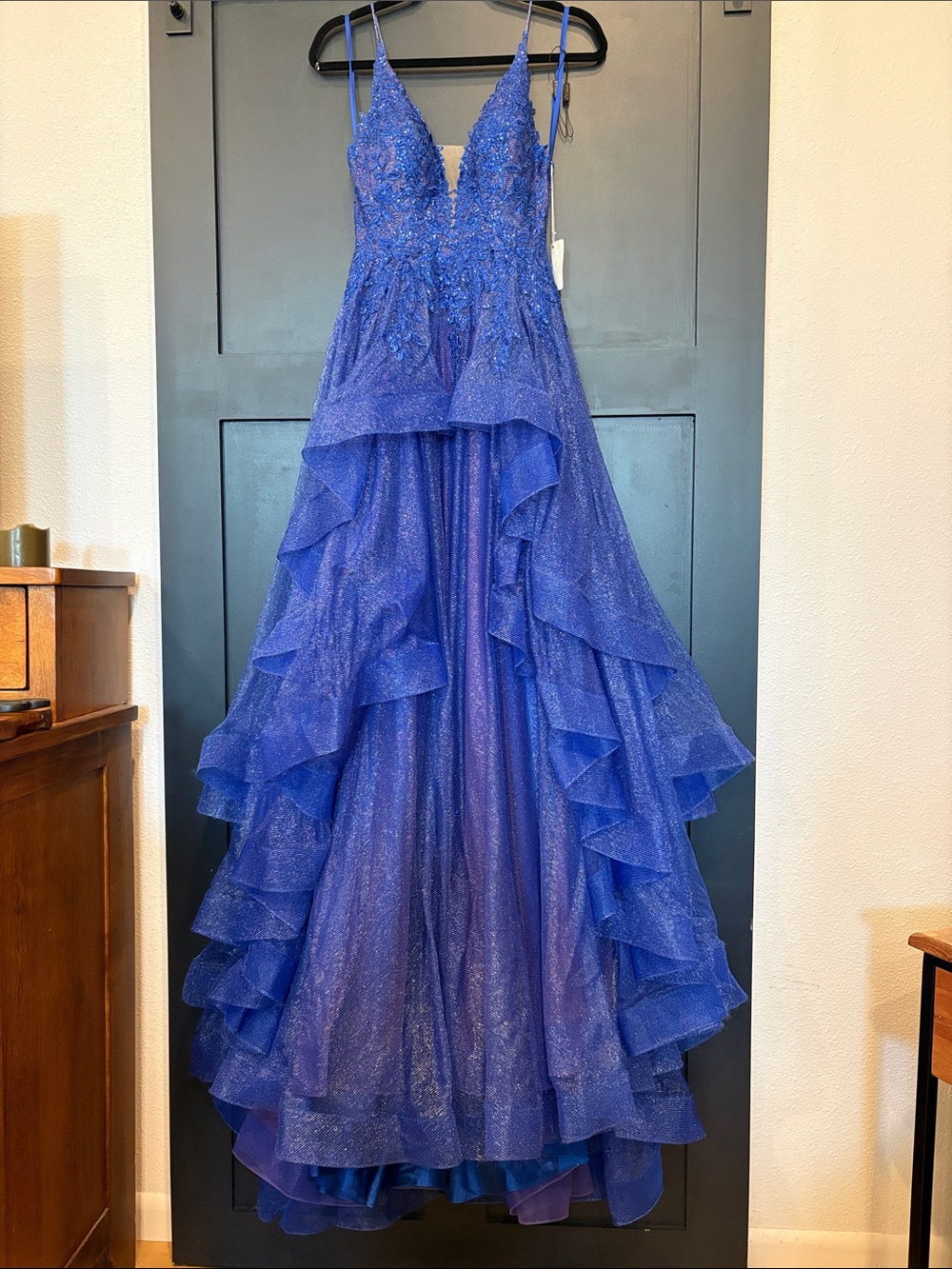 706. Stella Couture Sparkling Royal Blue Ruffle Prom Gown